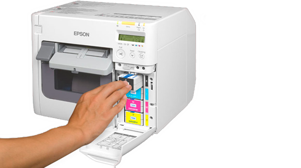 Epson C3500 farve etiketprinter. Seperat farvepatroner og sort. Leveret af Etisoft