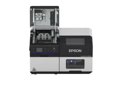 Epson Colorworks C8000 fra Etisoft. Front med åben topcover.